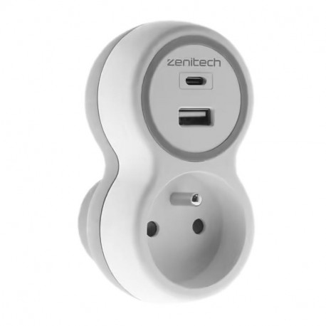 Prise 16a + chargeur usb/a + c blanc/gris 2.4a Zenitech 190732