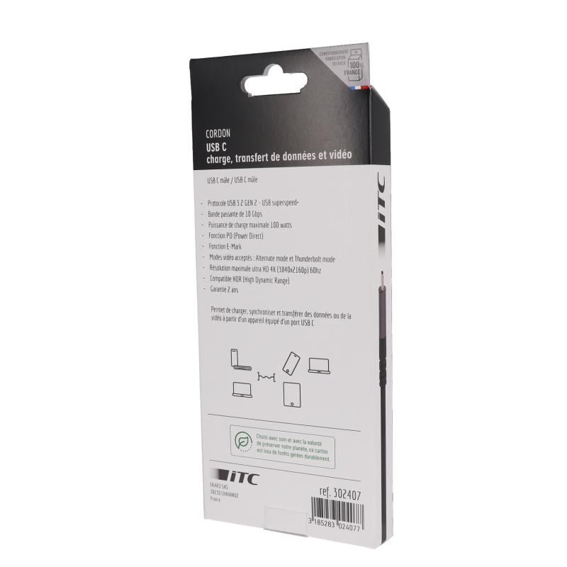 Cordon usb-c m/m 3.2 gen2 100w Itc 302407